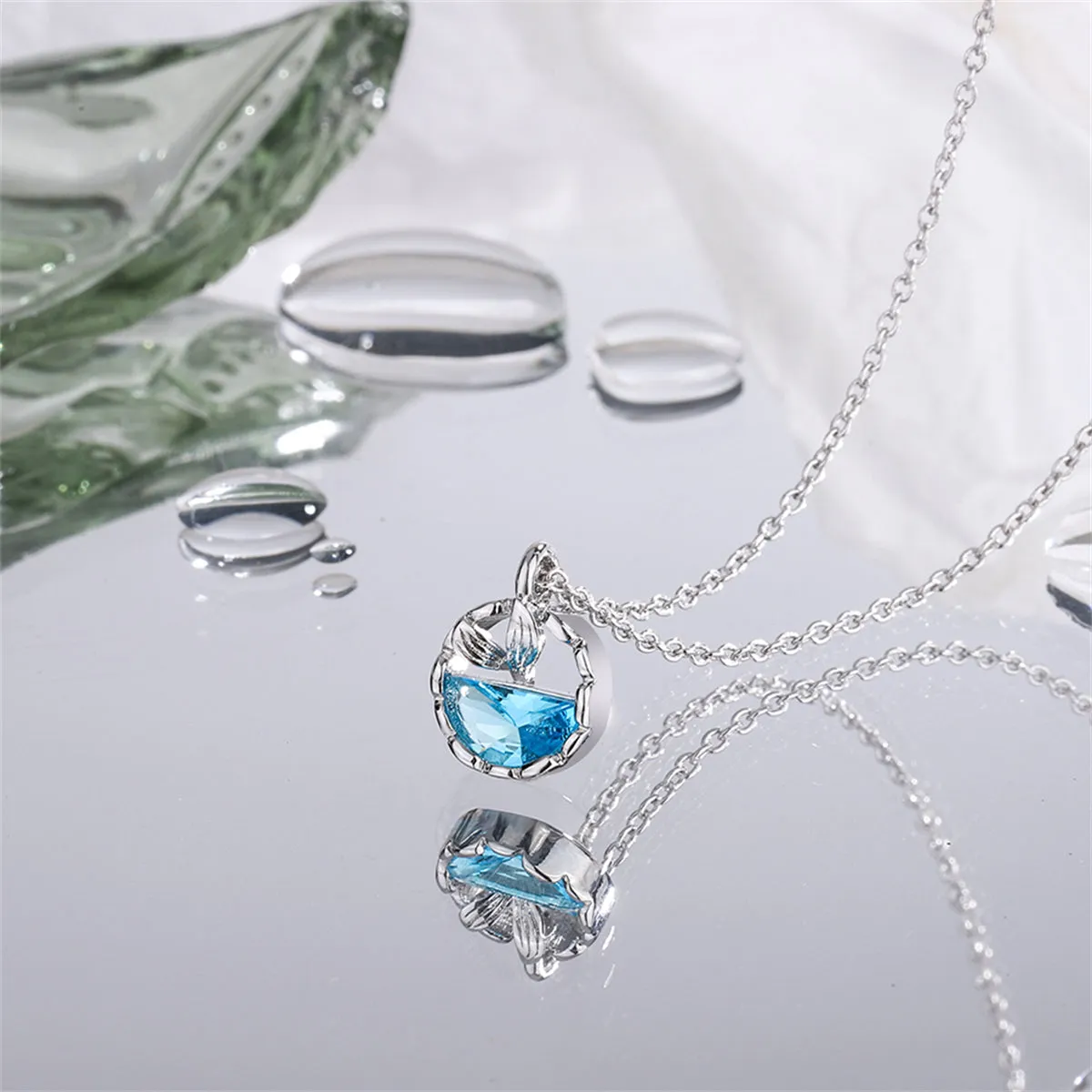 Blue Crystal & Silver-Plated Circular Fishtail Pendant Necklace