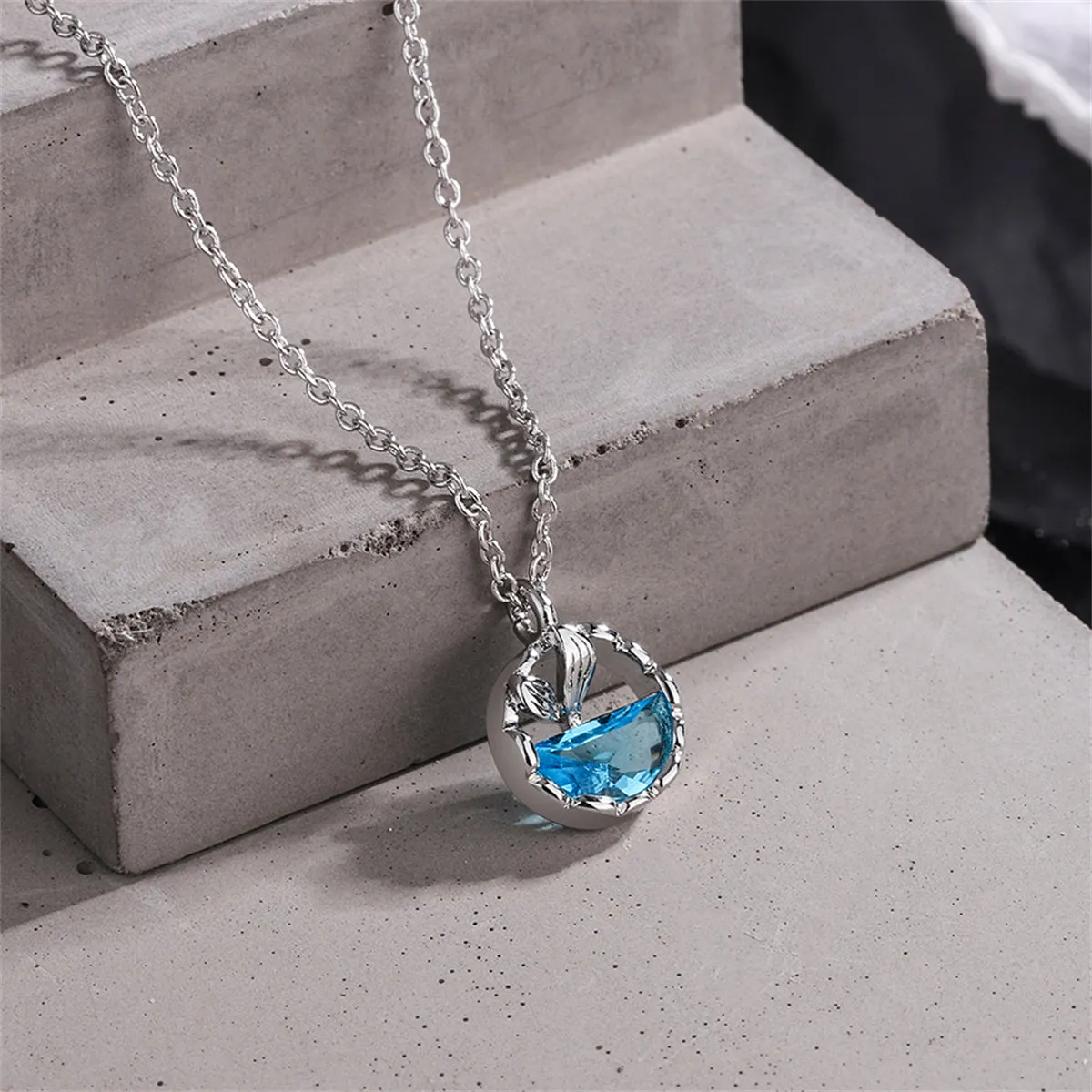 Blue Crystal & Silver-Plated Circular Fishtail Pendant Necklace