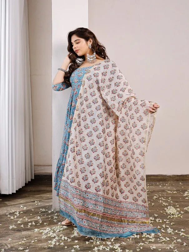 Blue Floral Buttis Printed Anarkali Kurta Set (Set of 3)