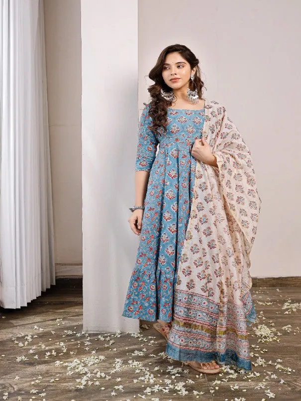 Blue Floral Buttis Printed Anarkali Kurta Set (Set of 3)