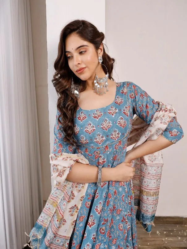 Blue Floral Buttis Printed Anarkali Kurta Set (Set of 3)