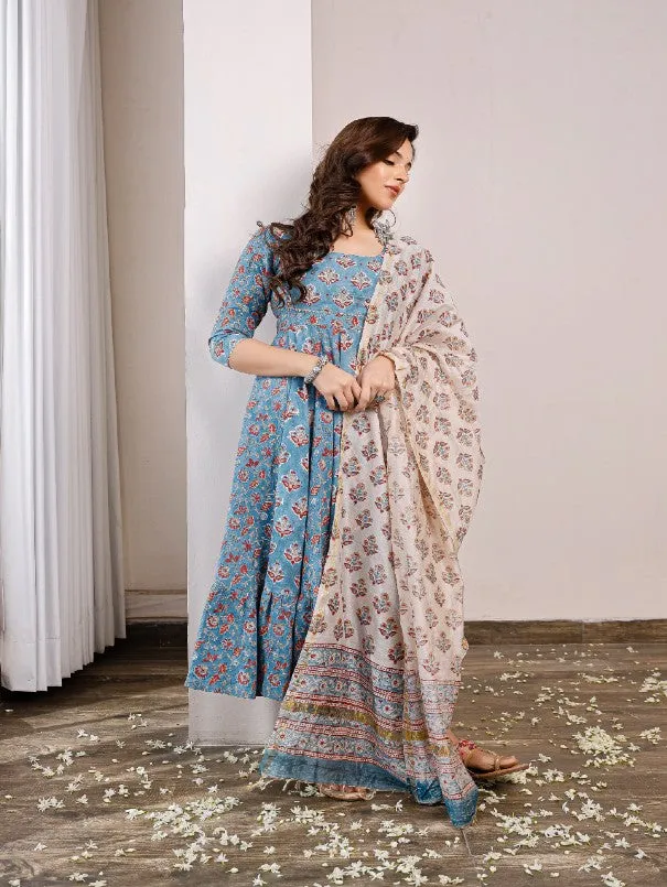 Blue Floral Buttis Printed Anarkali Kurta Set (Set of 3)