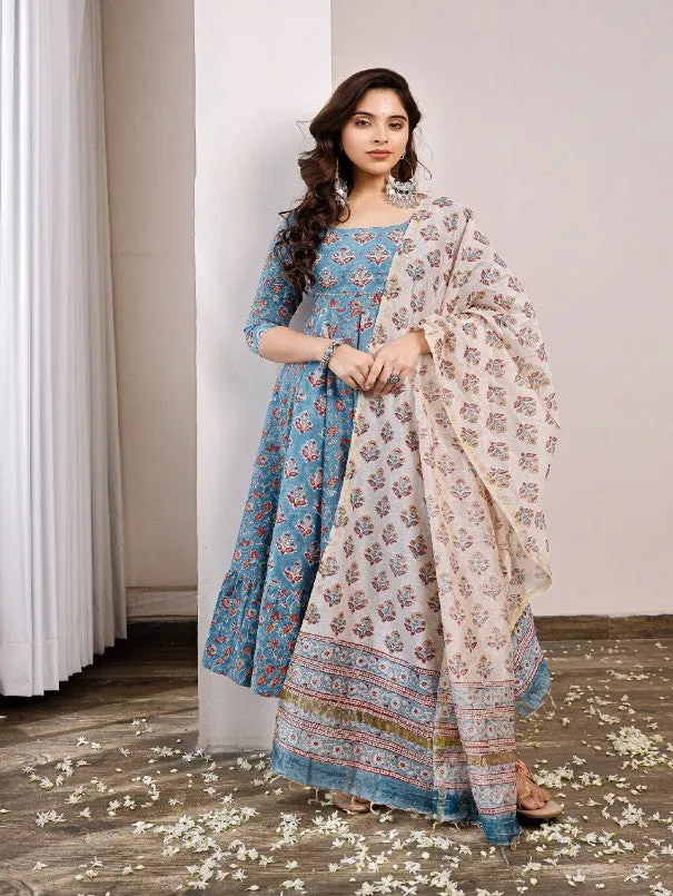 Blue Floral Buttis Printed Anarkali Kurta Set (Set of 3)