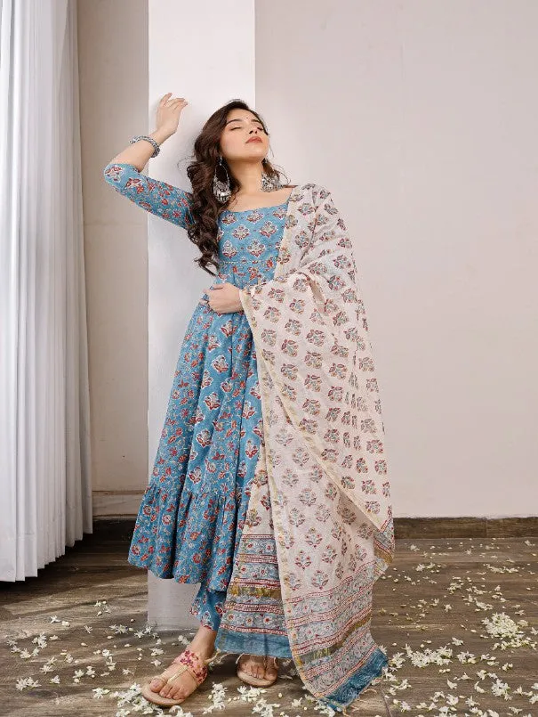 Blue Floral Buttis Printed Anarkali Kurta Set (Set of 3)