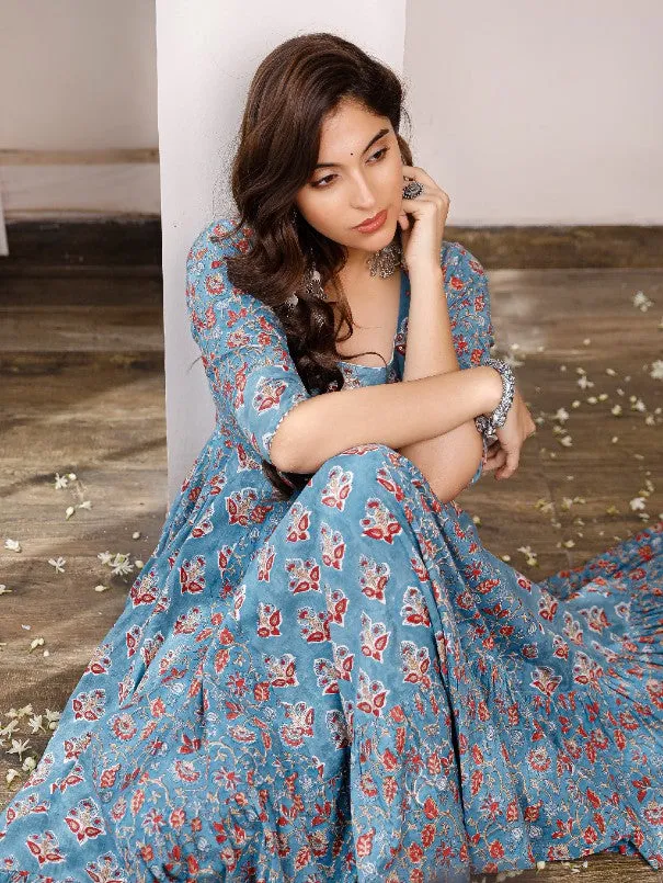 Blue Floral Buttis Printed Anarkali Kurta Set (Set of 3)