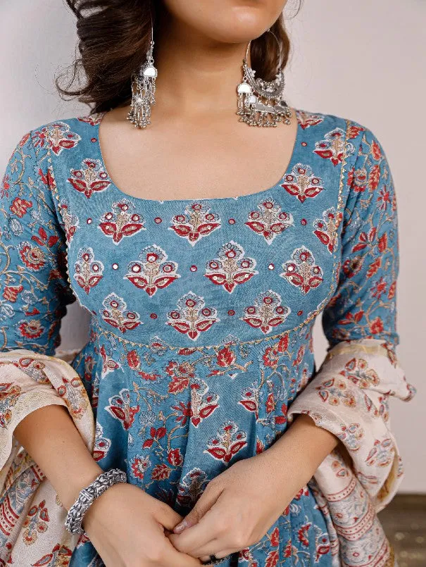 Blue Floral Buttis Printed Anarkali Kurta Set (Set of 3)