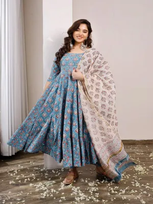 Blue Floral Buttis Printed Anarkali Kurta Set (Set of 3)