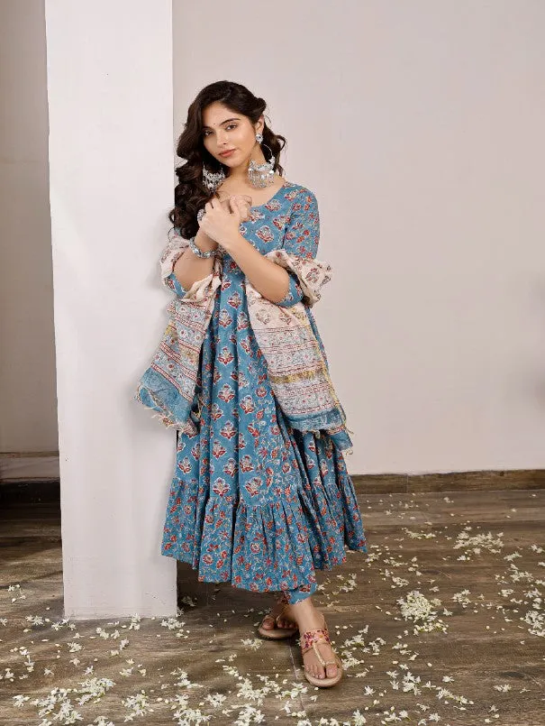 Blue Floral Buttis Printed Anarkali Kurta Set (Set of 3)