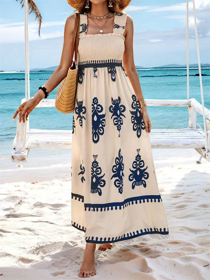 Bohemian Print Flowy Sleeveless Bustier Dress for Lady