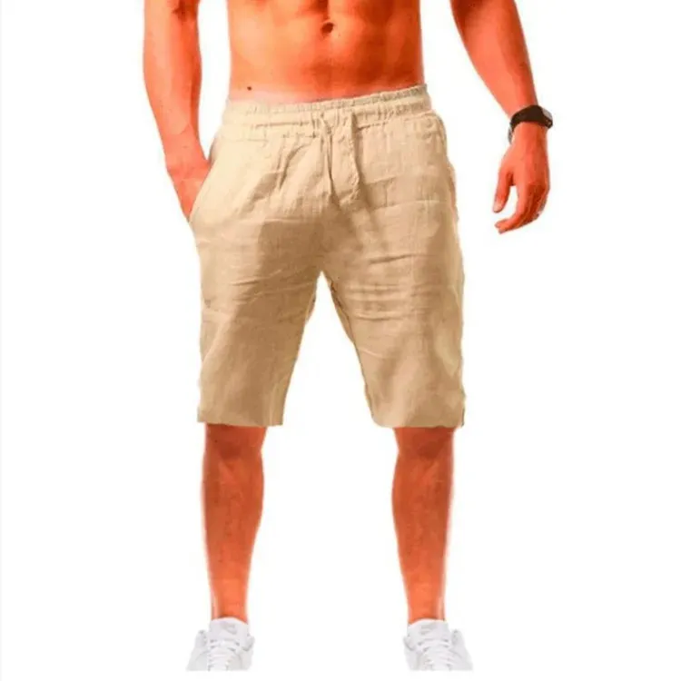 Button Men's Cotton Linen Shorts Pants Male Summer Breathable Solid Color Linen Trousers Fitness Streetwear