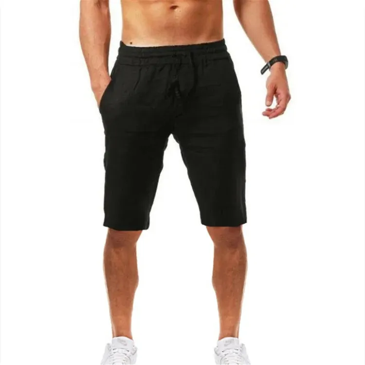 Button Men's Cotton Linen Shorts Pants Male Summer Breathable Solid Color Linen Trousers Fitness Streetwear