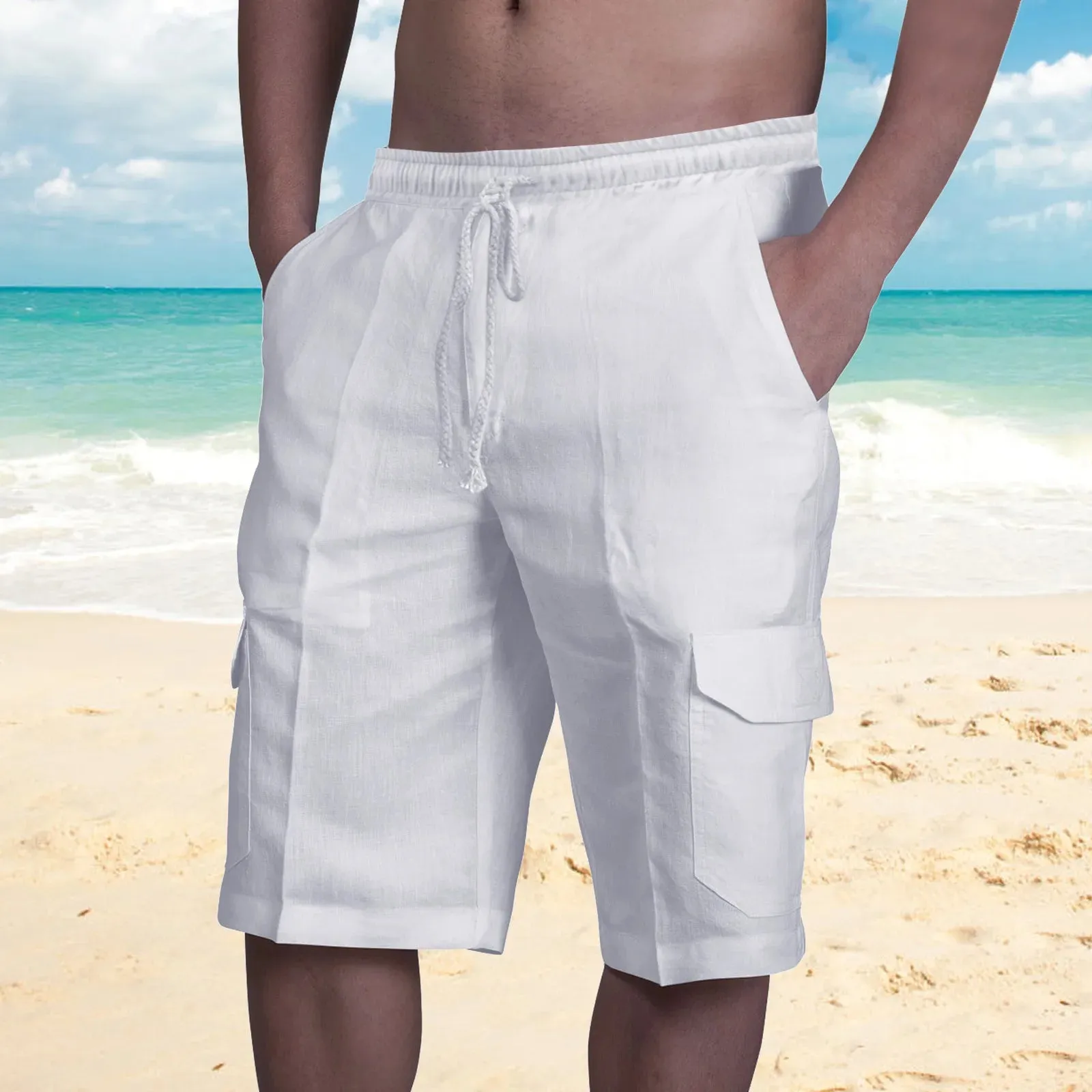 Button Men's Cotton Linen Shorts Pants Male Summer Breathable Solid Color Linen Trousers Fitness Streetwear