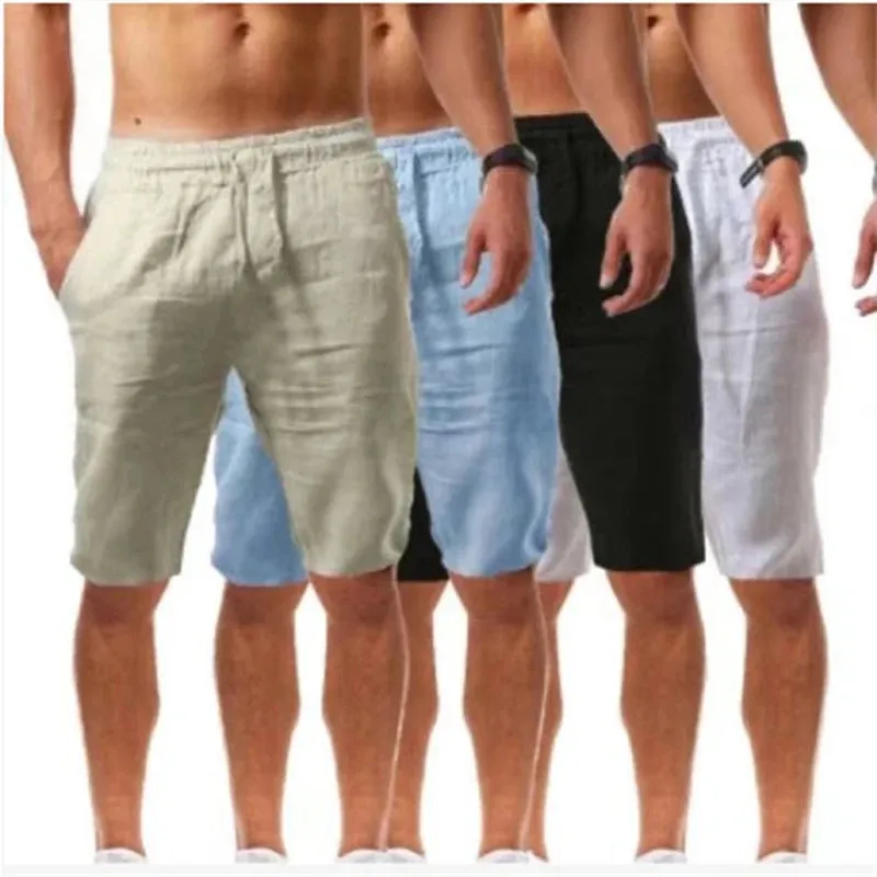 Button Men's Cotton Linen Shorts Pants Male Summer Breathable Solid Color Linen Trousers Fitness Streetwear
