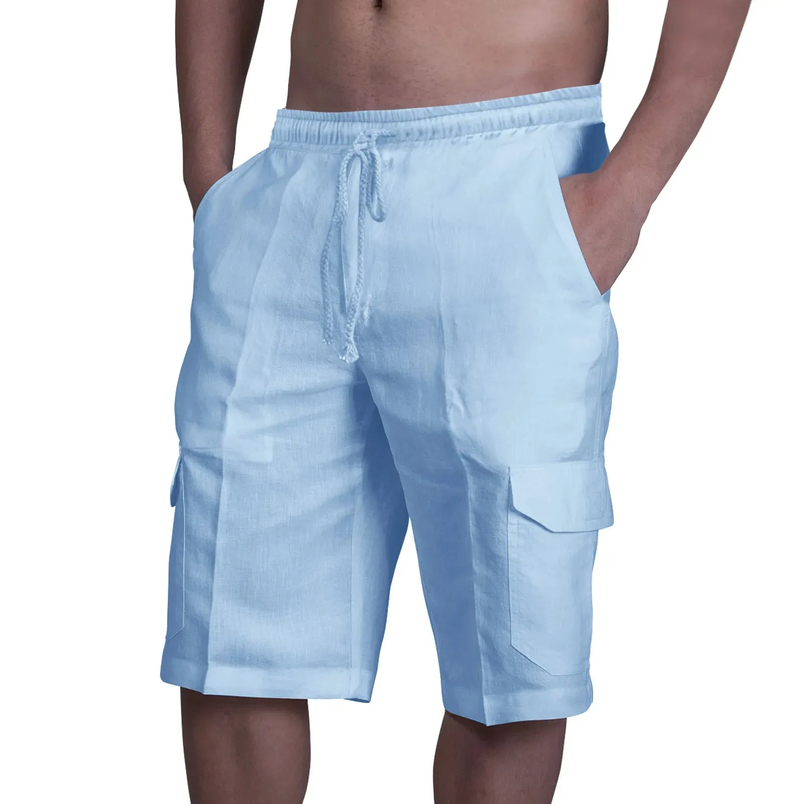 Button Men's Cotton Linen Shorts Pants Male Summer Breathable Solid Color Linen Trousers Fitness Streetwear