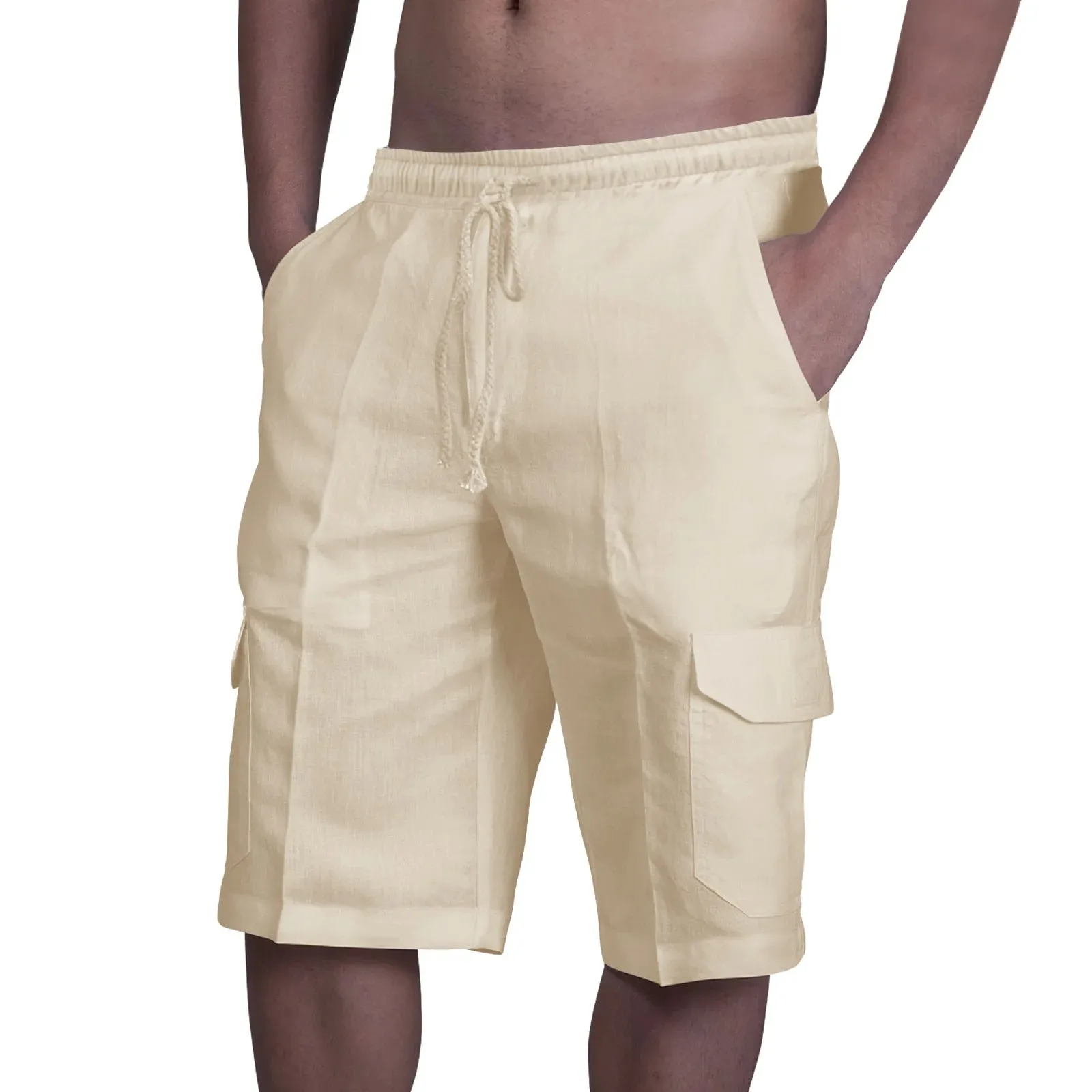 Button Men's Cotton Linen Shorts Pants Male Summer Breathable Solid Color Linen Trousers Fitness Streetwear