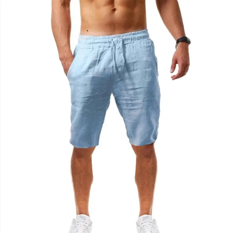 Button Men's Cotton Linen Shorts Pants Male Summer Breathable Solid Color Linen Trousers Fitness Streetwear