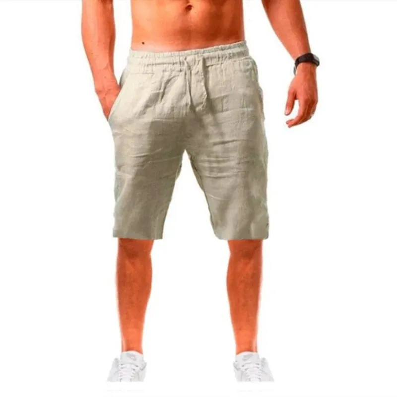 Button Men's Cotton Linen Shorts Pants Male Summer Breathable Solid Color Linen Trousers Fitness Streetwear