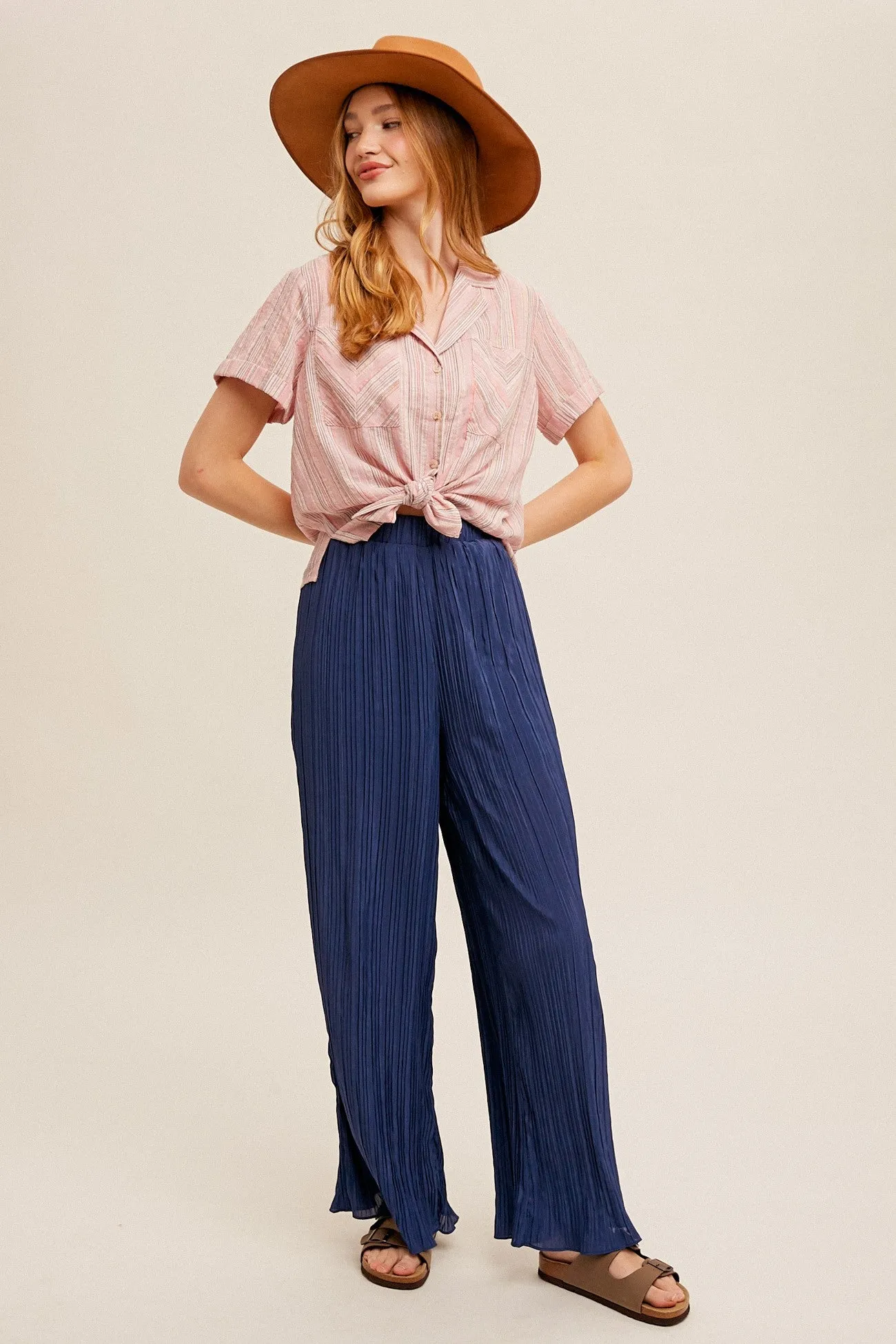 Casual Comfort Pull On Pleated Pants - Midnight Blue