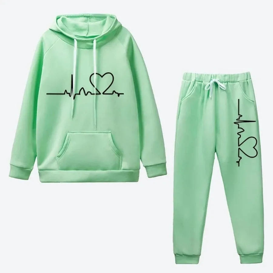Casual Heartbeat Print Tracksuit Set