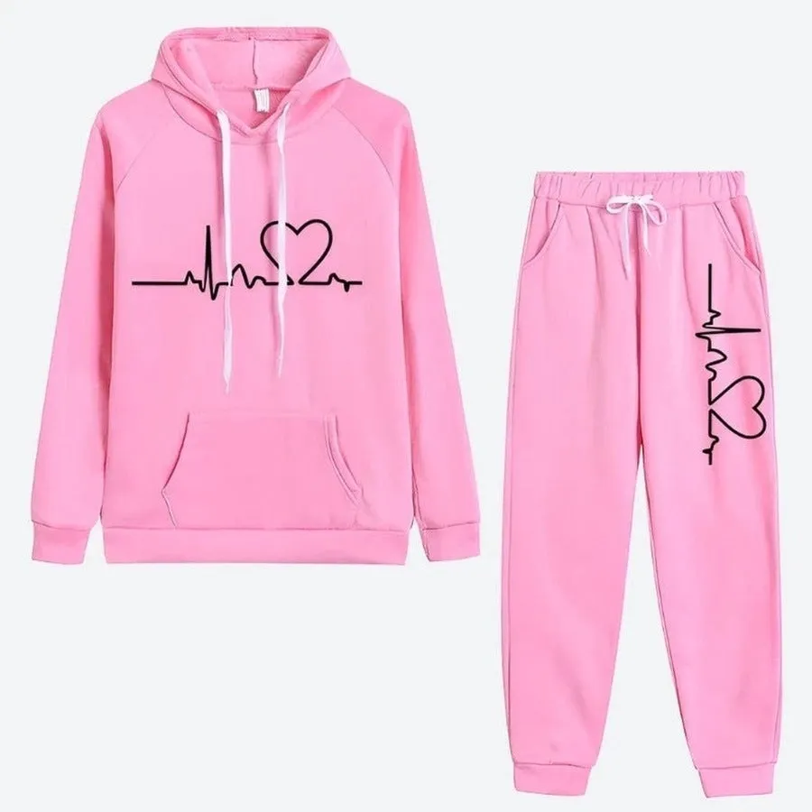 Casual Heartbeat Print Tracksuit Set