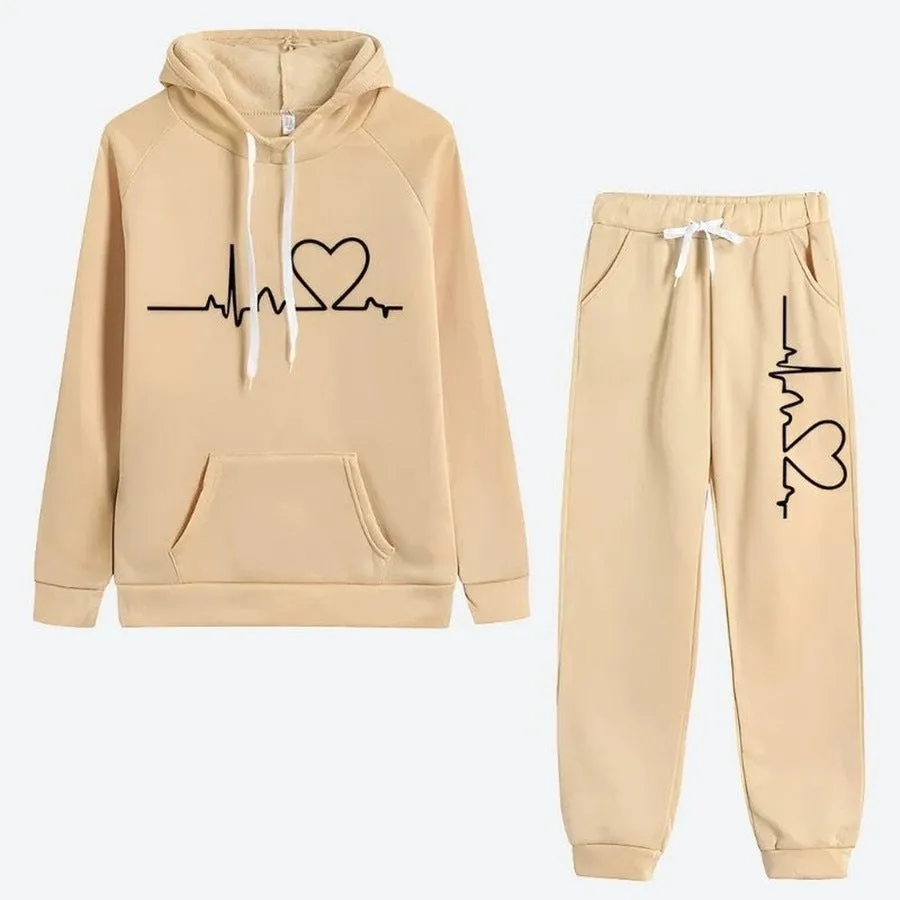 Casual Heartbeat Print Tracksuit Set