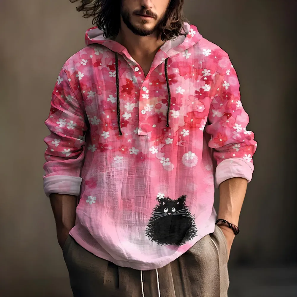 Cherry Blossom Black Cat Art Linen Blend Hoodie 2411008469