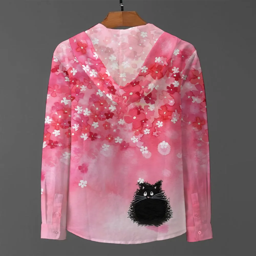 Cherry Blossom Black Cat Art Linen Blend Hoodie 2411008469
