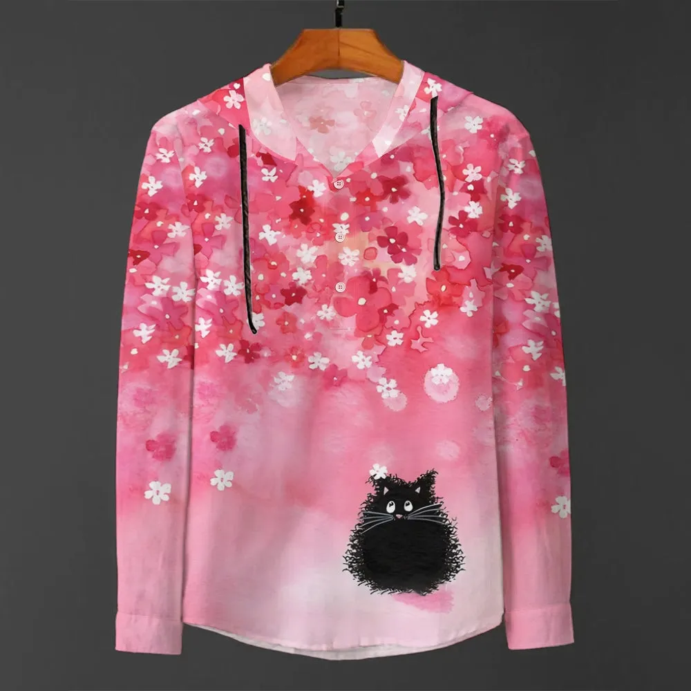 Cherry Blossom Black Cat Art Linen Blend Hoodie 2411008469