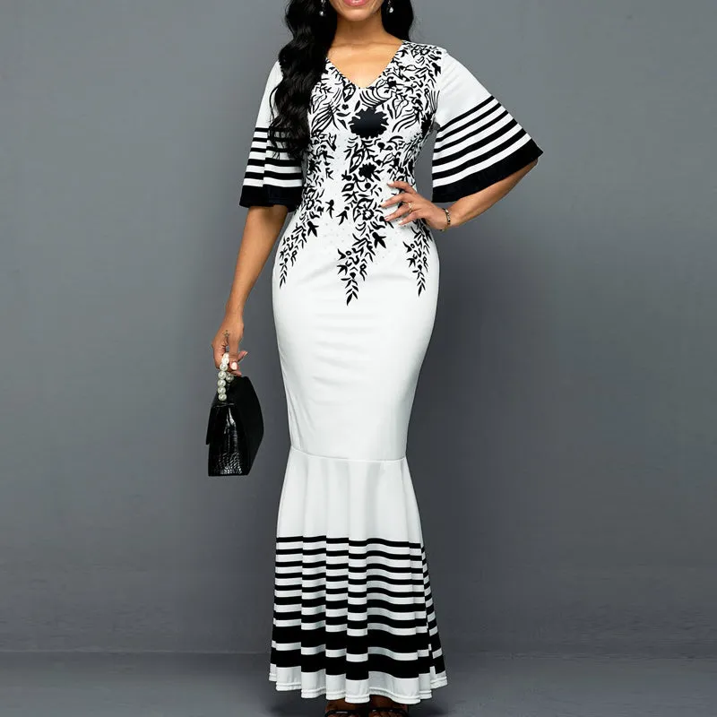 Colorblock Floral Print V-Neck Fishtail Party Dress