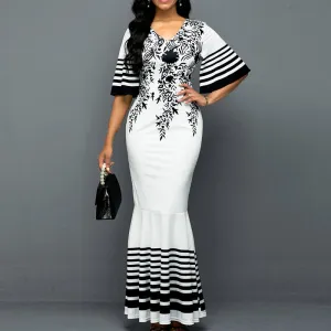 Colorblock Floral Print V-Neck Fishtail Party Dress