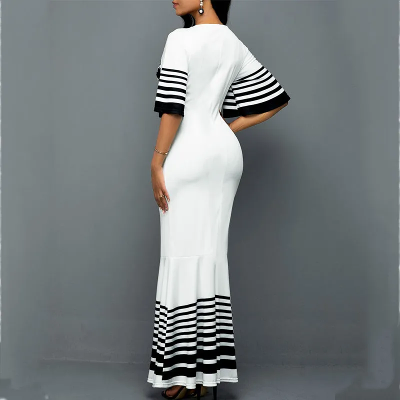 Colorblock Floral Print V-Neck Fishtail Party Dress