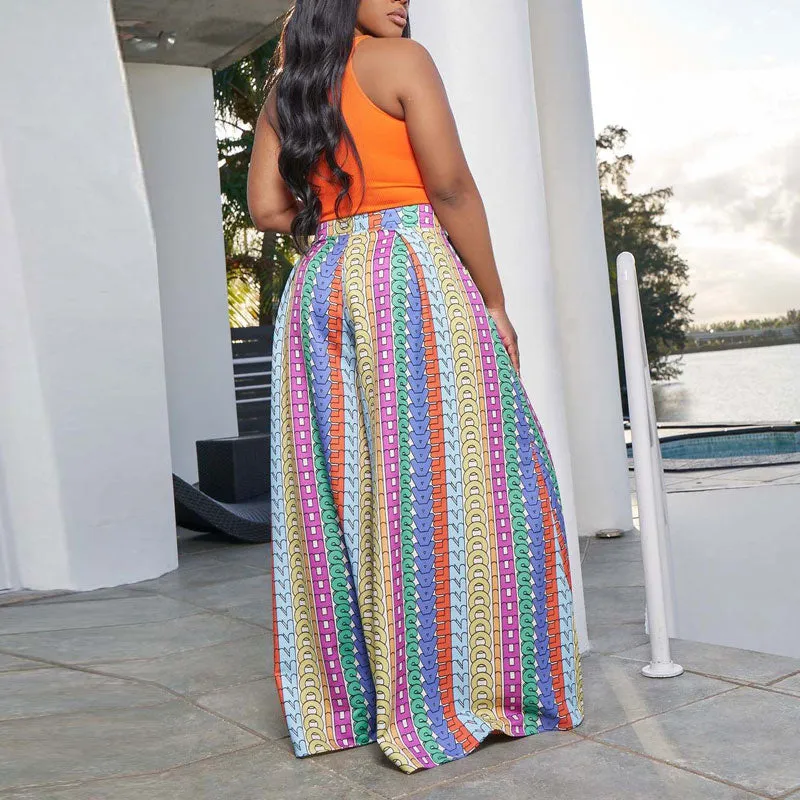 Colorful Print High Waist Wide Leg Pants