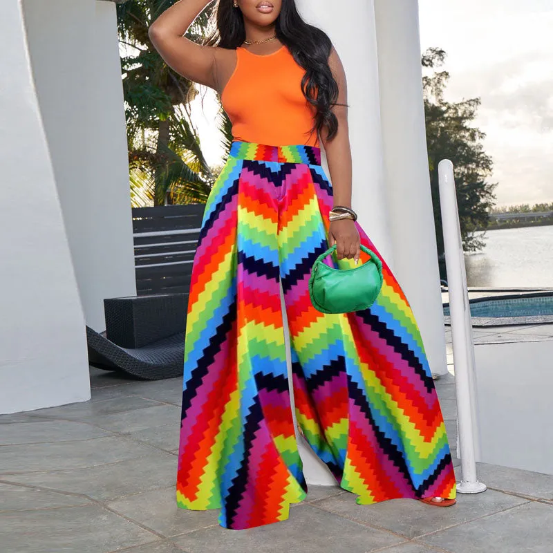 Colorful Print High Waist Wide Leg Pants