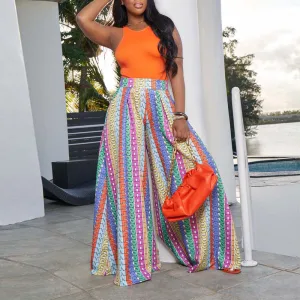 Colorful Print High Waist Wide Leg Pants