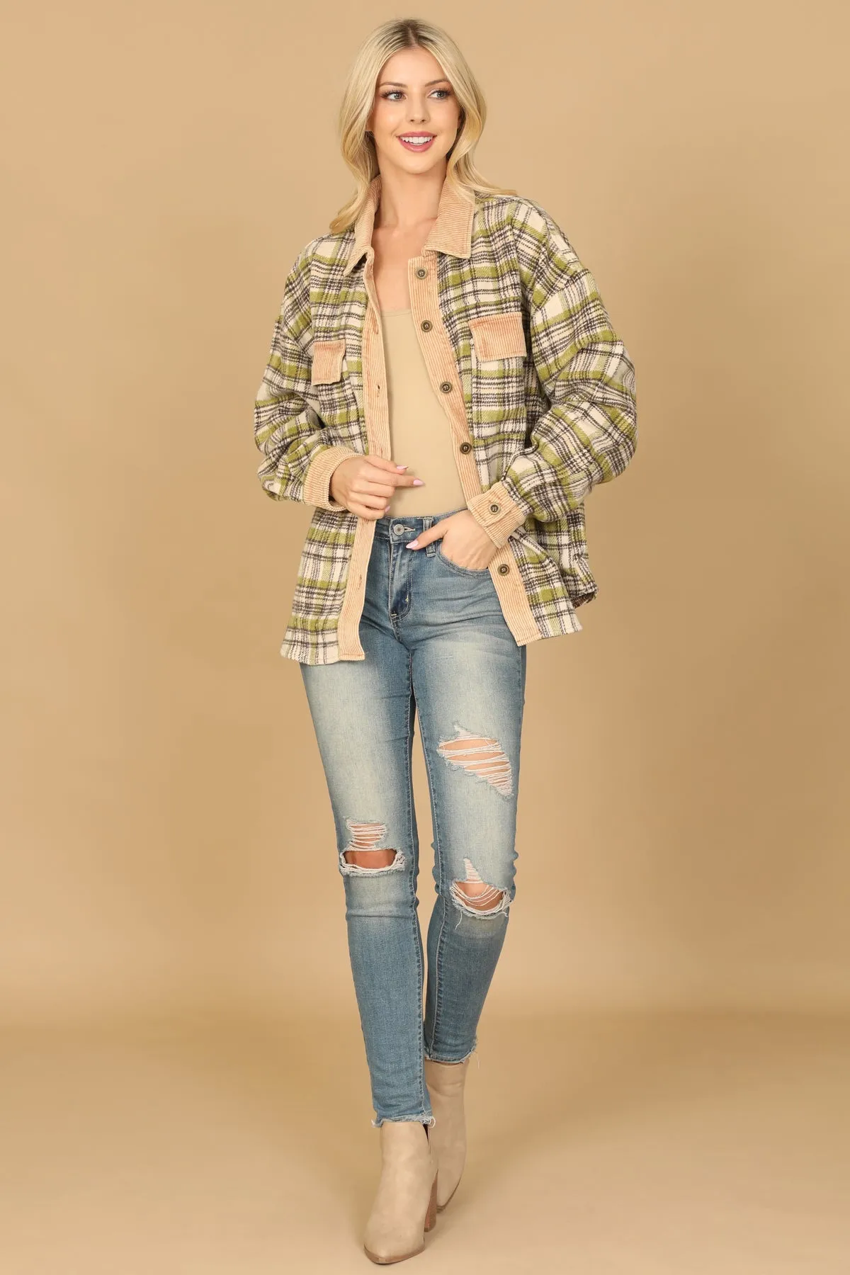 CORDUROY DETAIL PLAID JACKET
