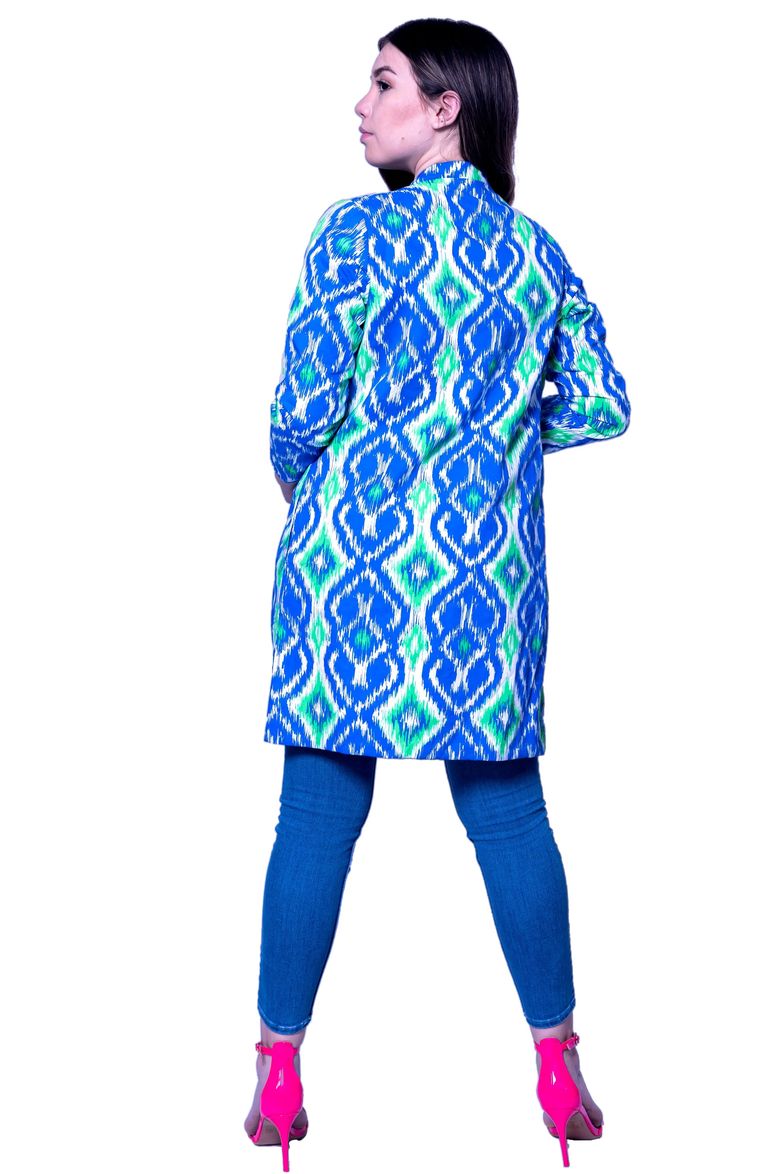 Cotton Printed Open Jacket Blue