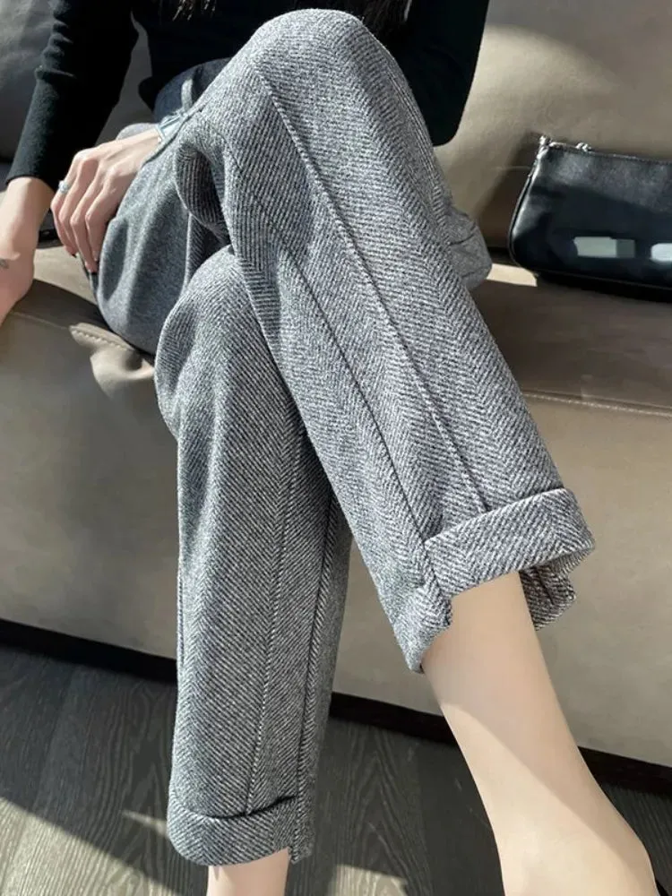 Cute Academia Tweed Straight Pants for Women Casual Herringbone Warm Thick Cropped Pants