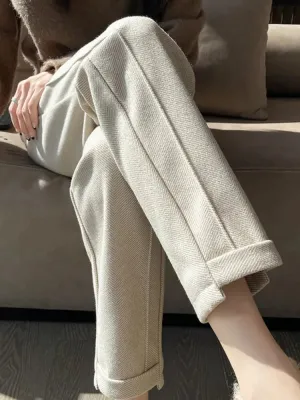 Cute Academia Tweed Straight Pants for Women Casual Herringbone Warm Thick Cropped Pants