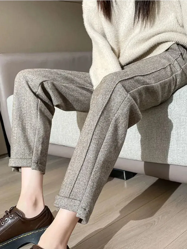 Cute Academia Tweed Straight Pants for Women Casual Herringbone Warm Thick Cropped Pants