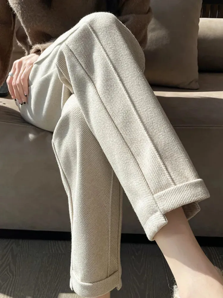 Cute Academia Tweed Straight Pants for Women Casual Herringbone Warm Thick Cropped Pants
