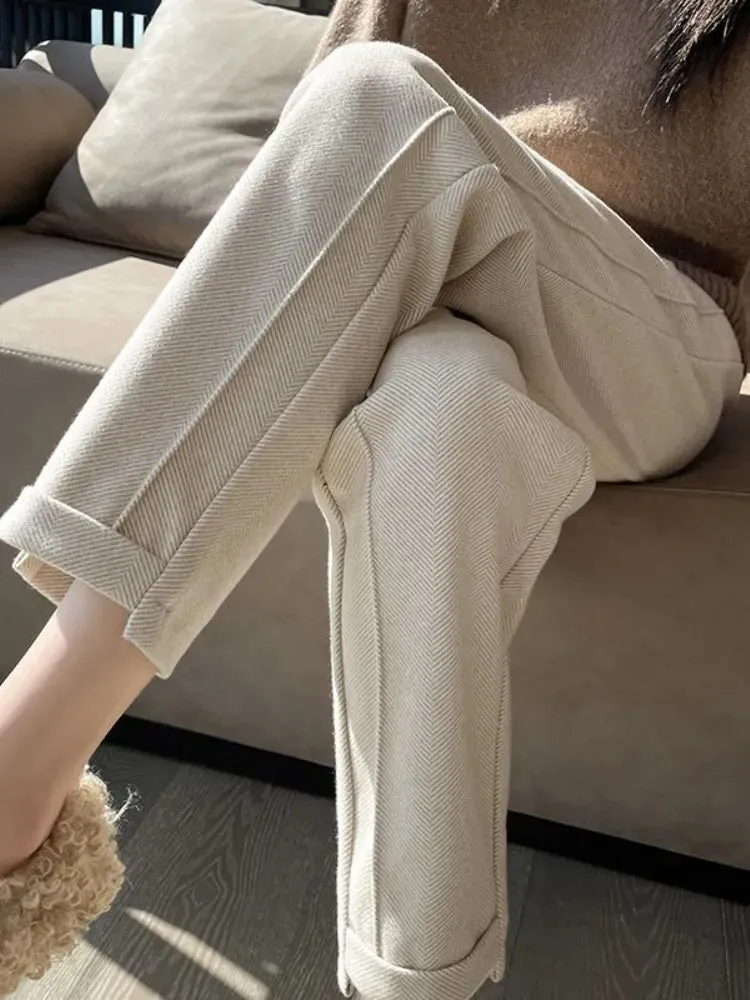 Cute Academia Tweed Straight Pants for Women Casual Herringbone Warm Thick Cropped Pants