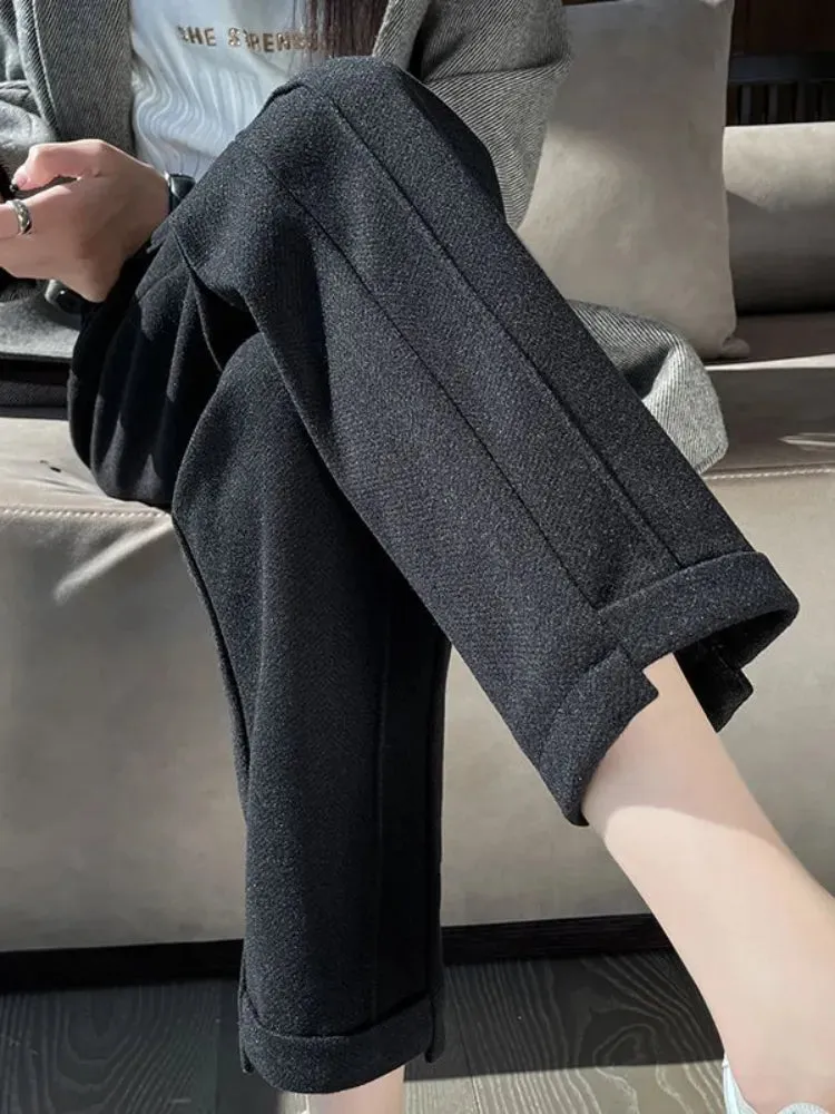 Cute Academia Tweed Straight Pants for Women Casual Herringbone Warm Thick Cropped Pants