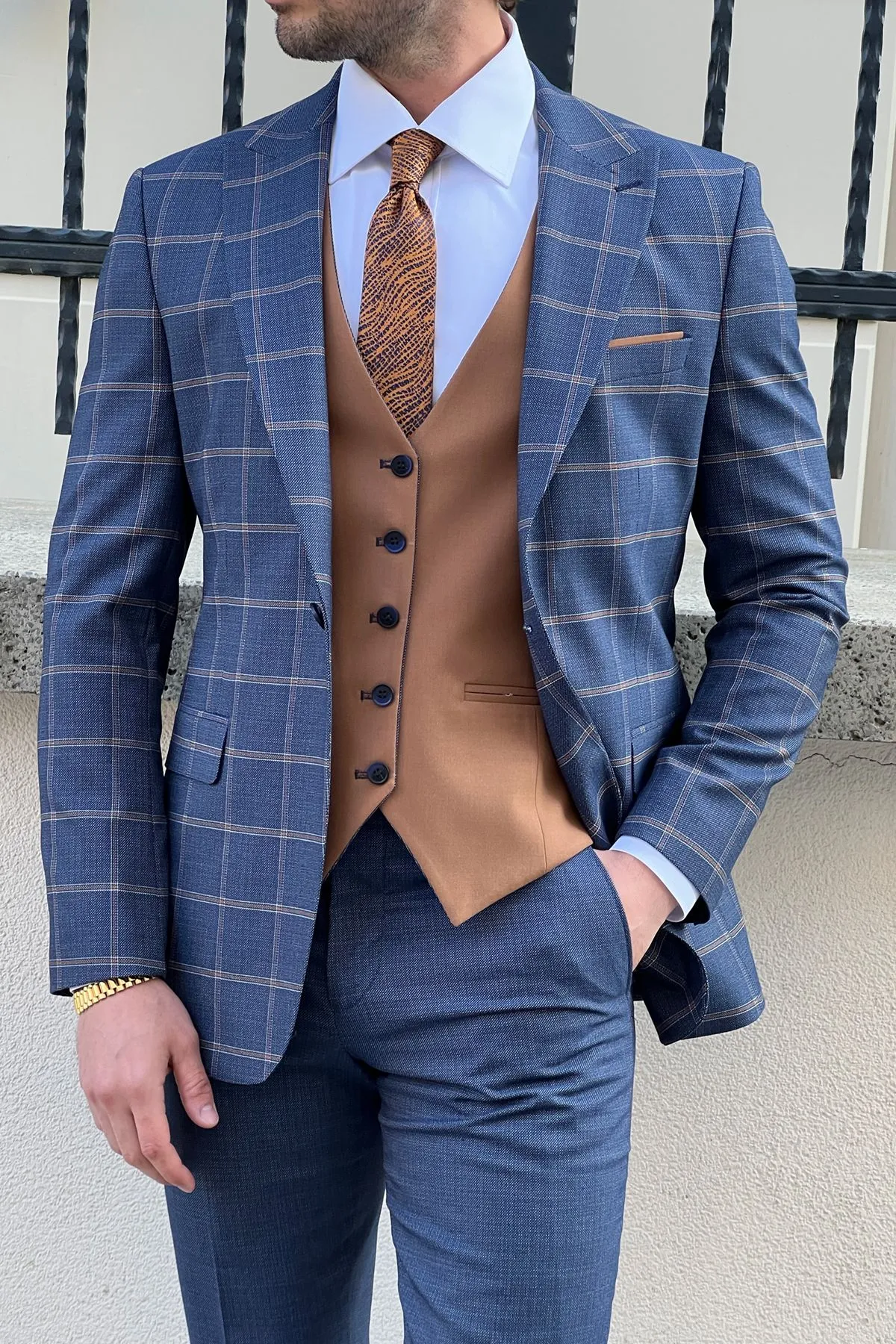 Daniel Navy Blue and Camel Slim-Fit Suit: A Timeless Classic for Every Occasion