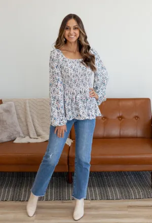 Ditsy Floral Long Sleeve Blouse in Marine Blue