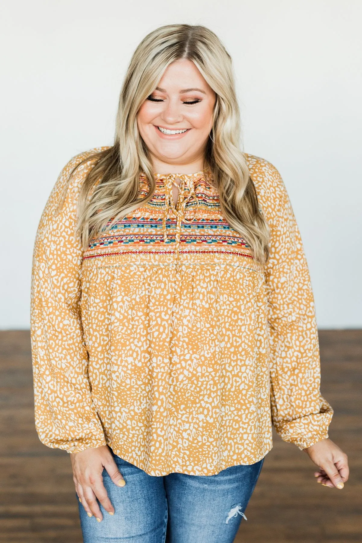 Dress It Up Embroidered Animal Print Blouse- Marigold