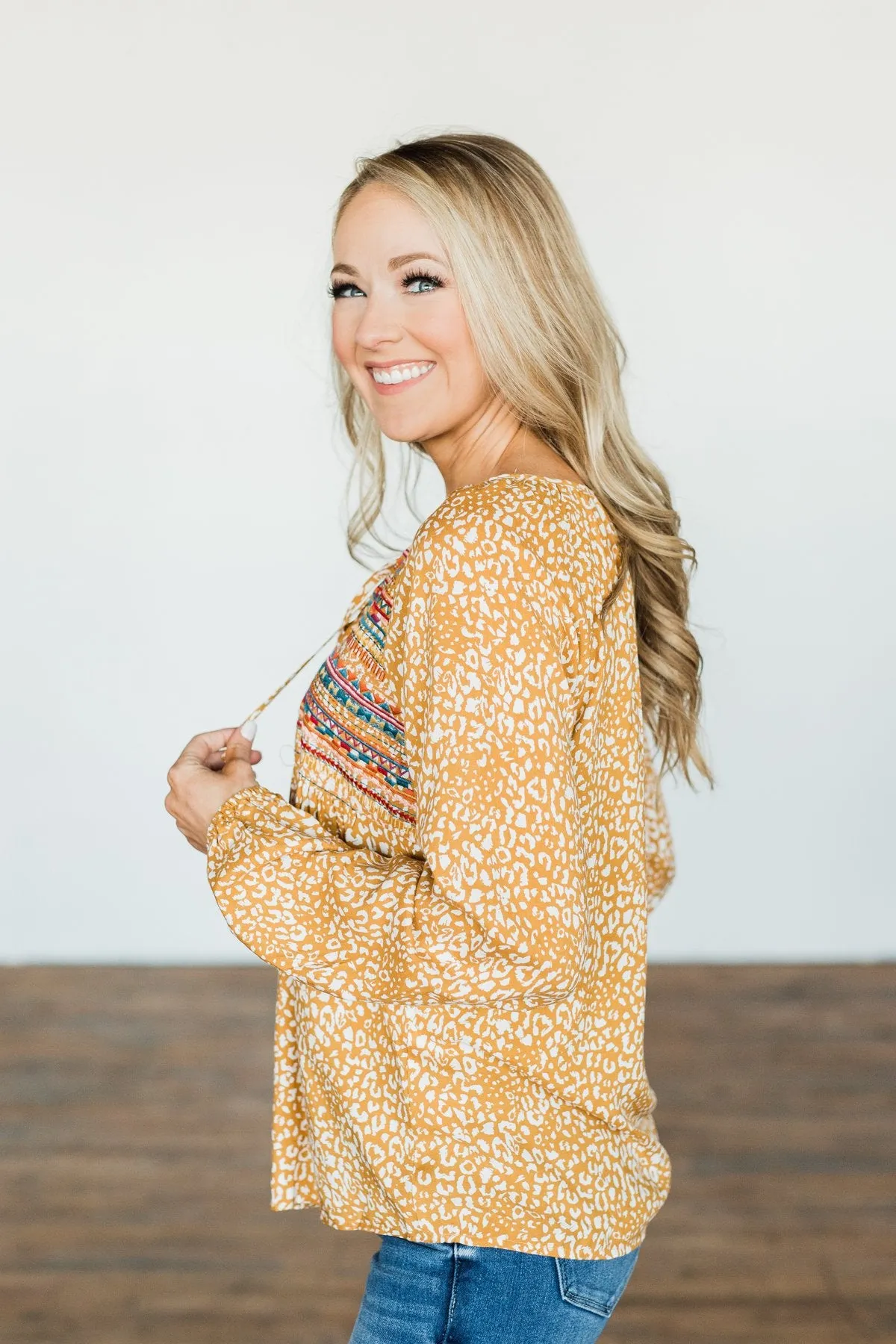 Dress It Up Embroidered Animal Print Blouse- Marigold