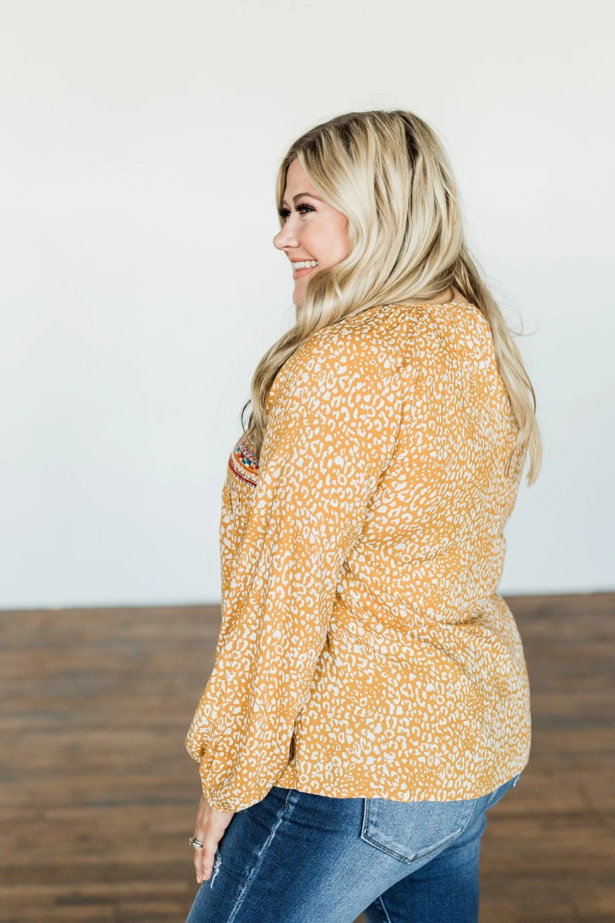 Dress It Up Embroidered Animal Print Blouse- Marigold