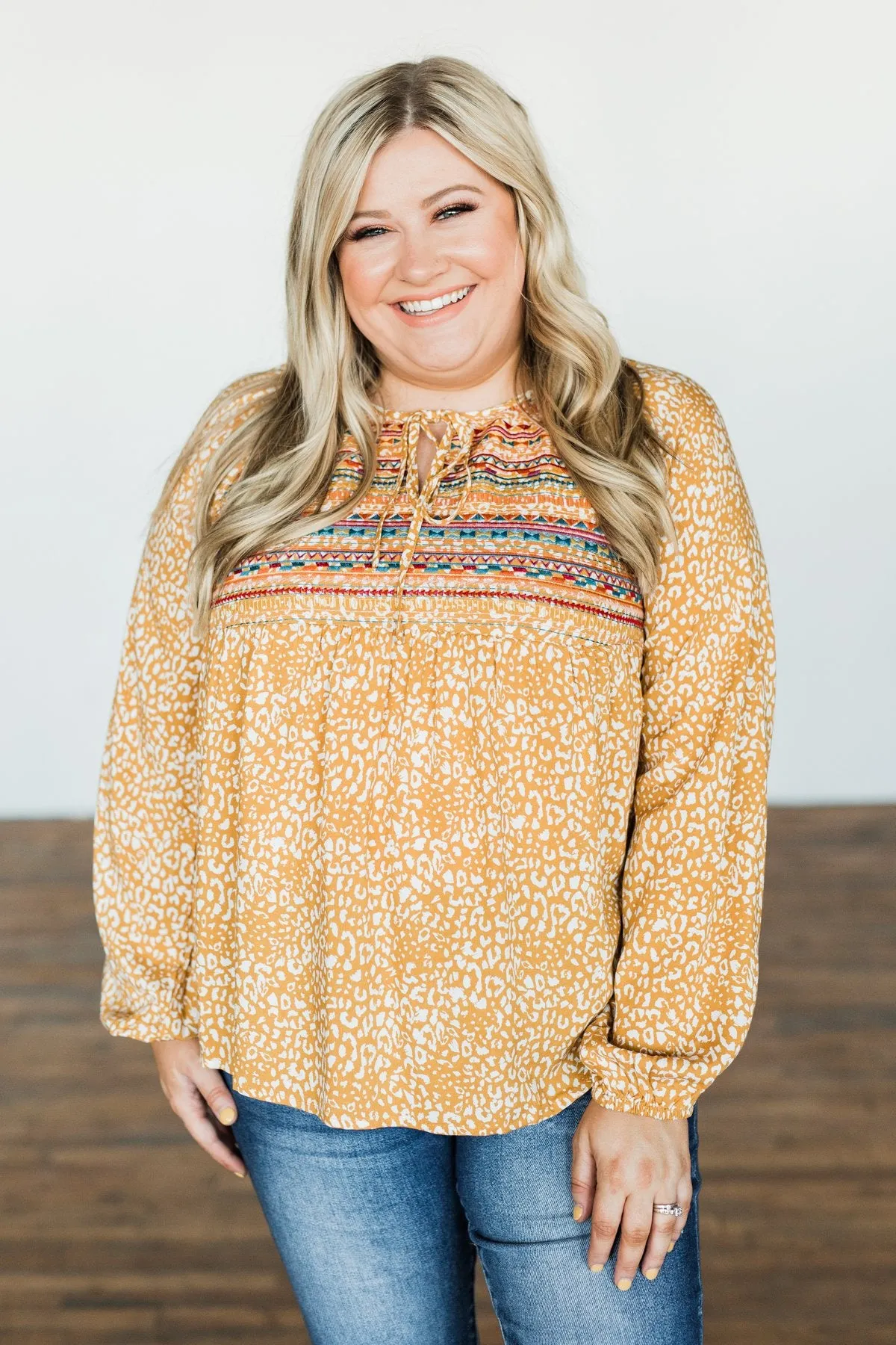 Dress It Up Embroidered Animal Print Blouse- Marigold