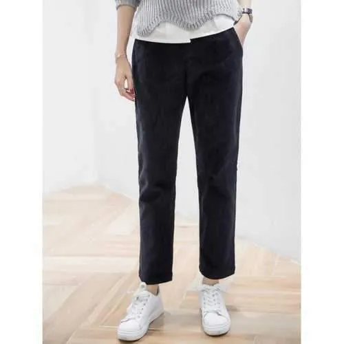 Elastic Waist Corduroy Ninth Pants - Black Xl