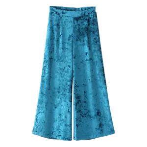 Elastic Waist Wide Leg Velvet Culotte Pants - Peacock Blue M